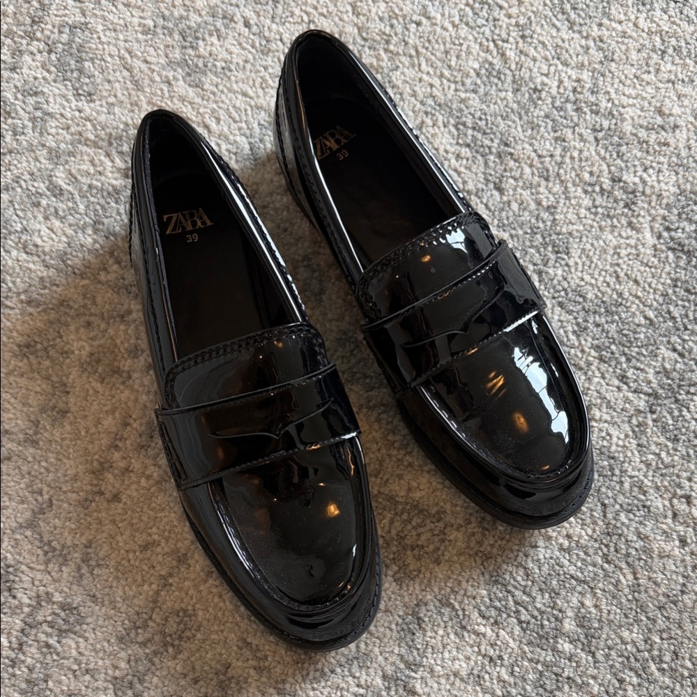 Zara Patent Leather Black Loafers for Women
